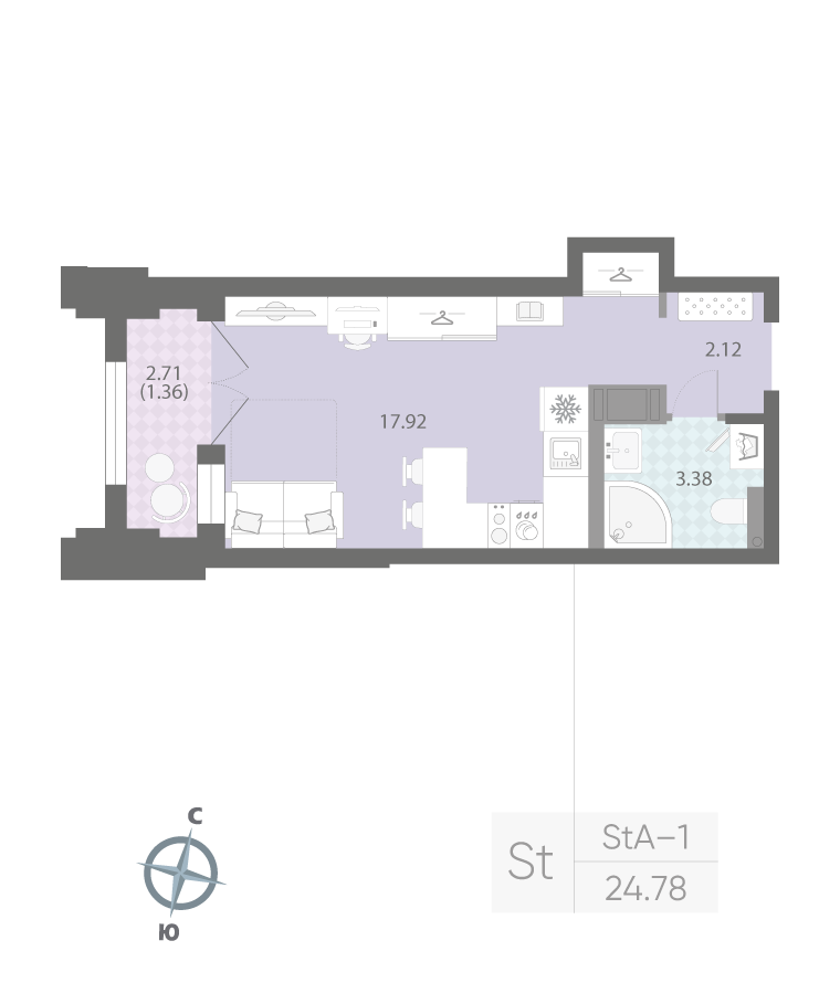 1-комнатная квартира  №52 в Цивилизация на Неве: 24.78 м², этаж 8 - купить в Санкт-Петербурге