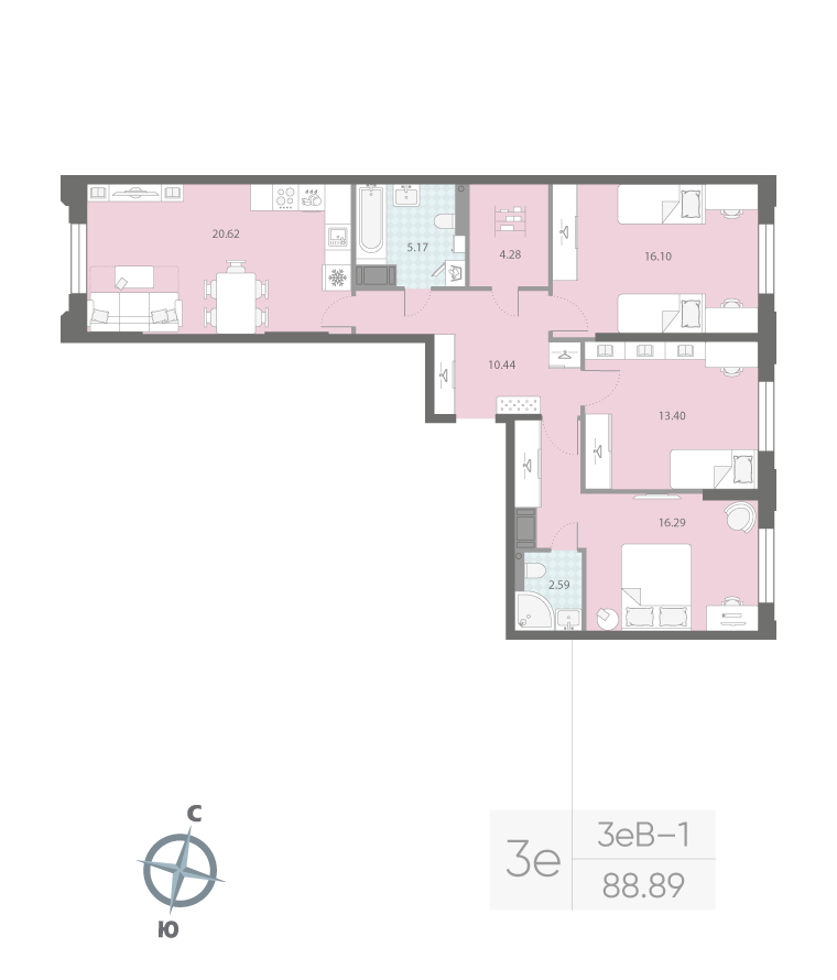 3-комнатная квартира  №331 в Цивилизация на Неве: 88.89 м², этаж 4 - купить в Санкт-Петербурге