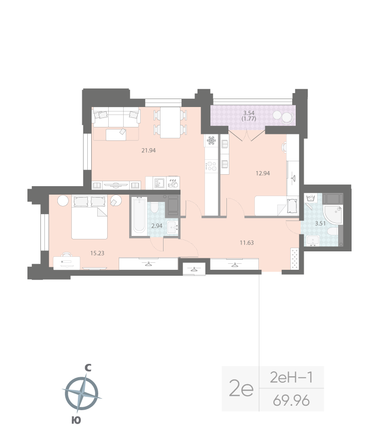 2-комнатная квартира  №100 в Цивилизация на Неве: 69.96 м², этаж 15 - купить в Санкт-Петербурге