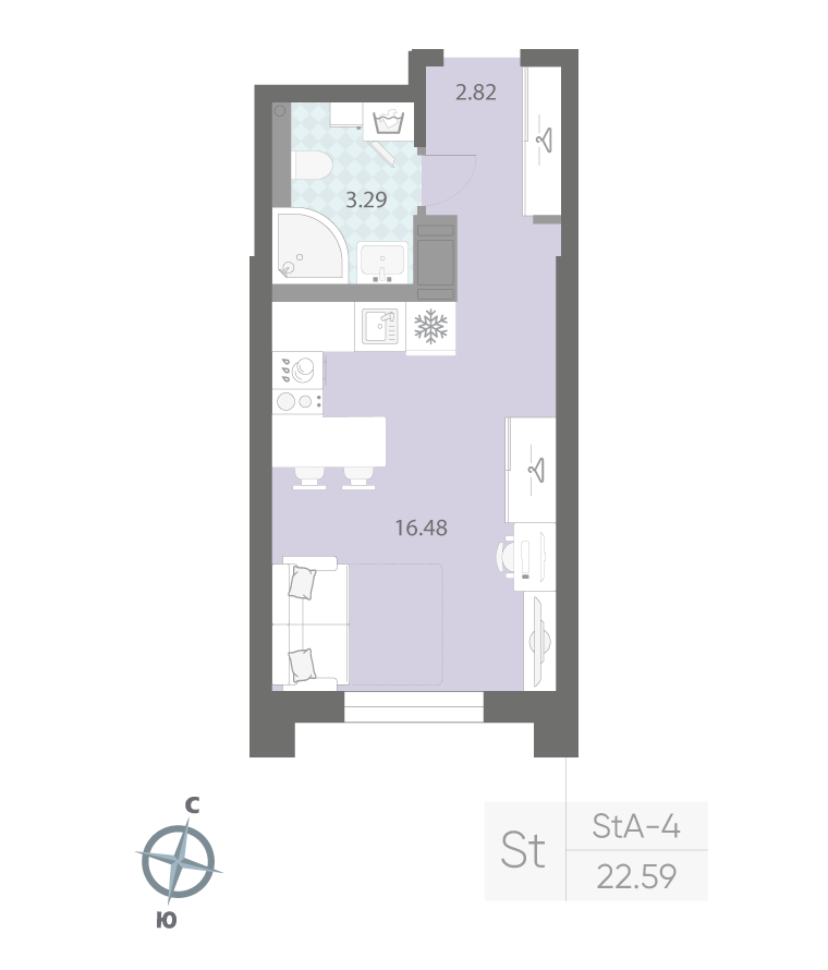 1-комнатная квартира  №15 в Цивилизация на Неве: 22.59 м², этаж 3 - купить в Санкт-Петербурге