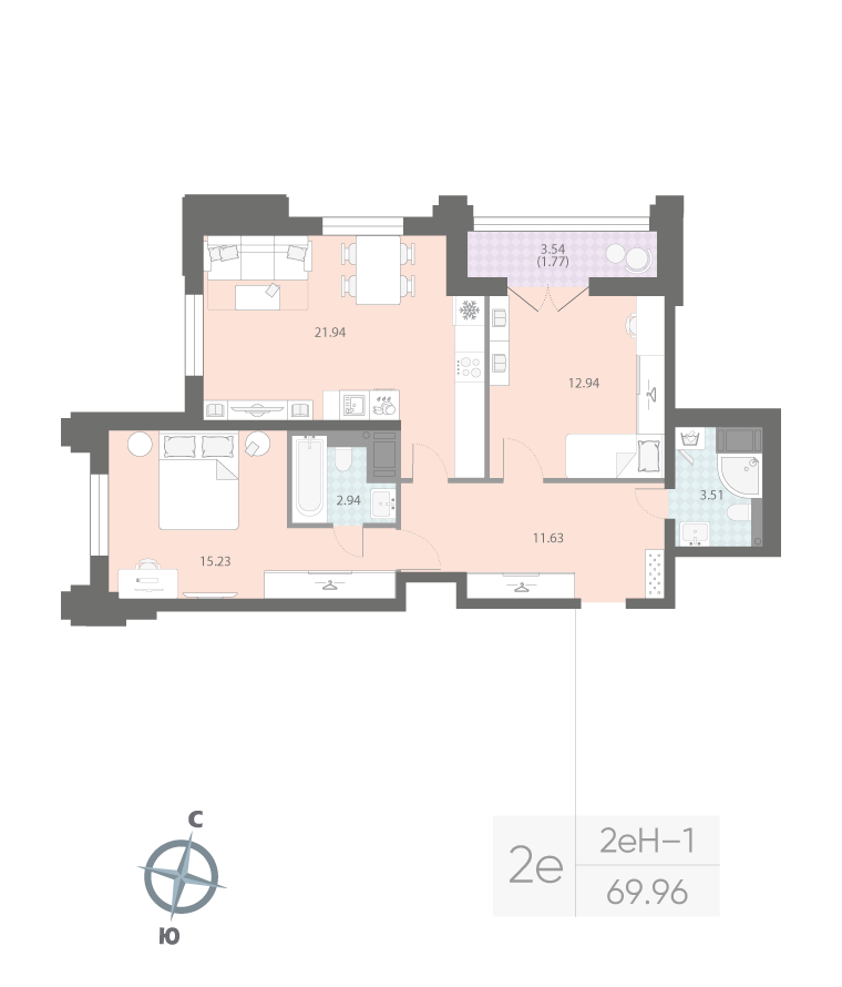 2-комнатная квартира  №93 в Цивилизация на Неве: 69.96 м², этаж 14 - купить в Санкт-Петербурге