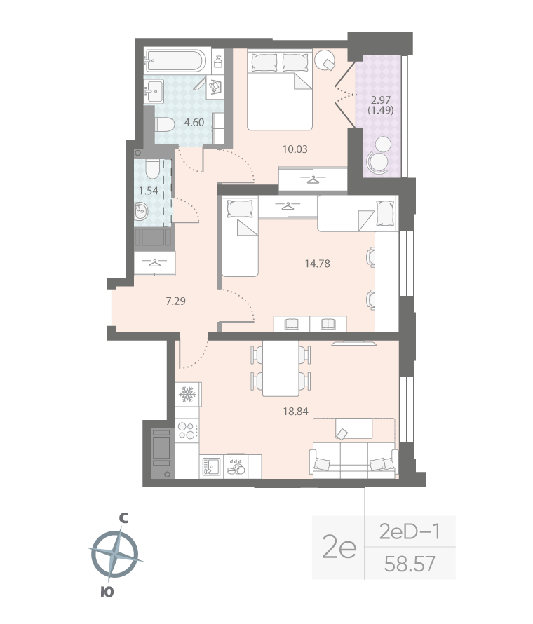 2-комнатная квартира  №267 в Цивилизация на Неве: 58.57 м², этаж 10 - купить в Санкт-Петербурге