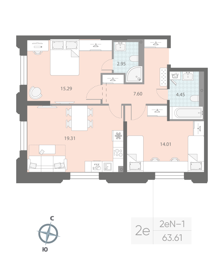 2-комнатная квартира  №312 в Цивилизация на Неве: 63.61 м², этаж 2 - купить в Санкт-Петербурге