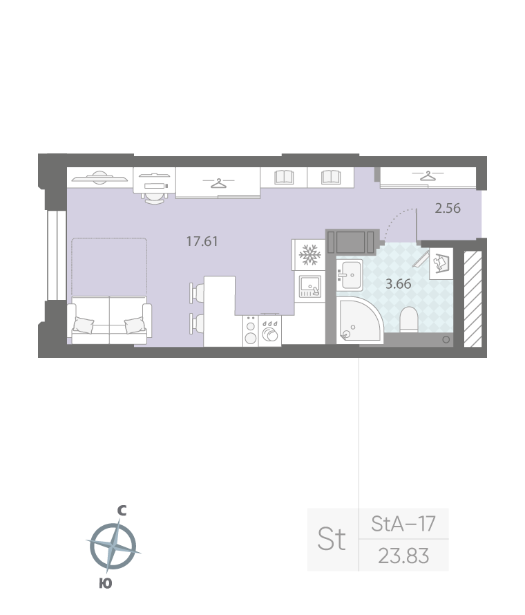 1-комнатная квартира №42 в: ЦИВИЛИЗАЦИЯ НА НЕВЕ: 23.83 м²; этаж: 3 - купить в Санкт-Петербурге