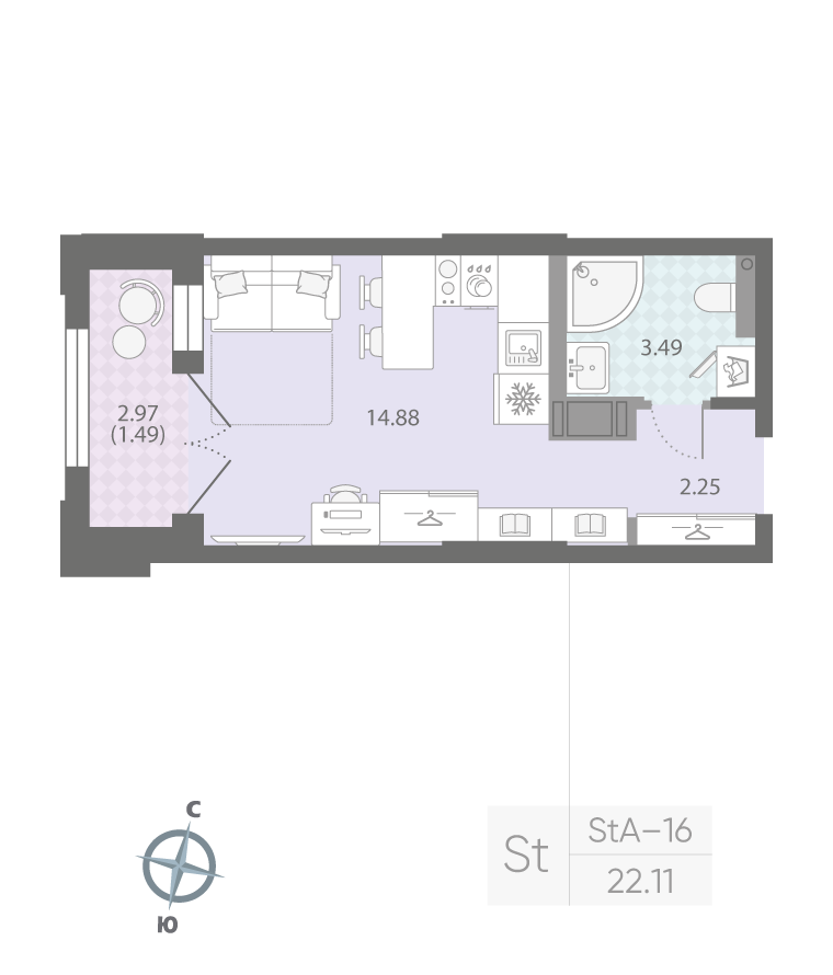 1-комнатная квартира №42 в: ЦИВИЛИЗАЦИЯ НА НЕВЕ: 22.11 м²; этаж: 10 - купить в Санкт-Петербурге