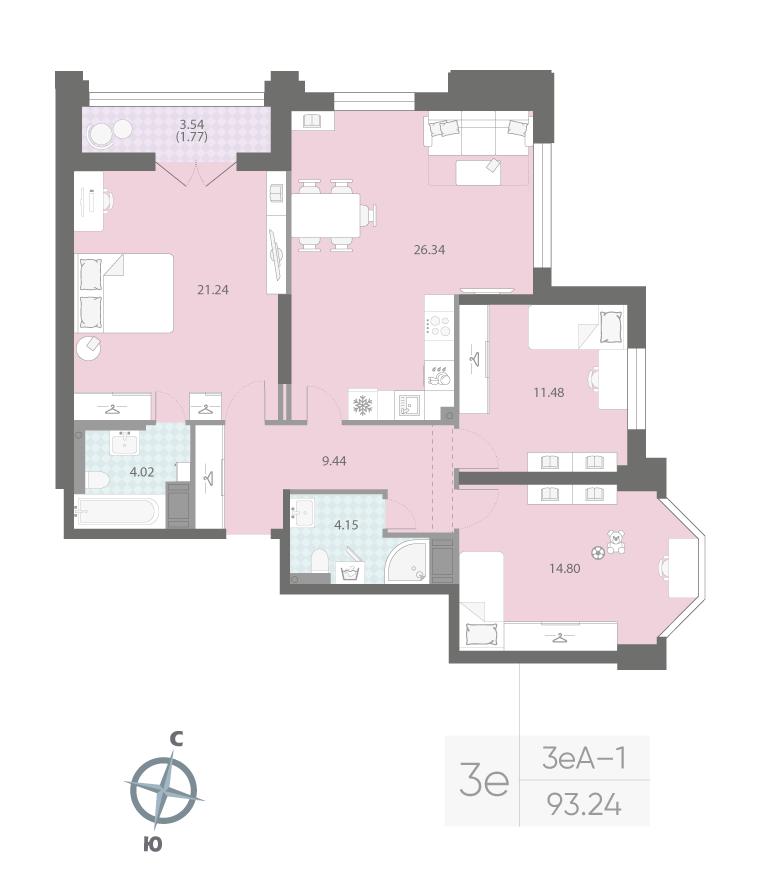 3-комнатная квартира  №106 в Цивилизация на Неве: 93.24 м², этаж 15 - купить в Санкт-Петербурге