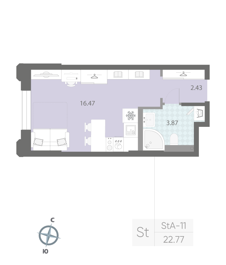 1-комнатная квартира  №173 в Цивилизация на Неве: 22.77 м², этаж 2 - купить в Санкт-Петербурге