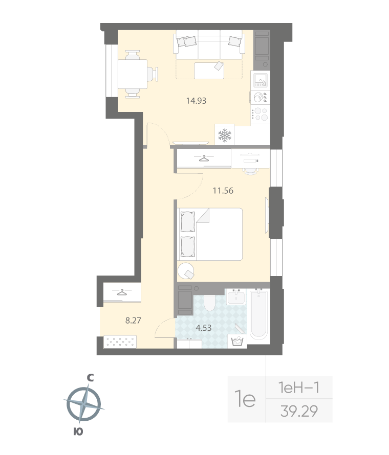 1-комнатная квартира  №198 в Притяжение: 39.29 м², этаж 4 - купить в Санкт-Петербурге