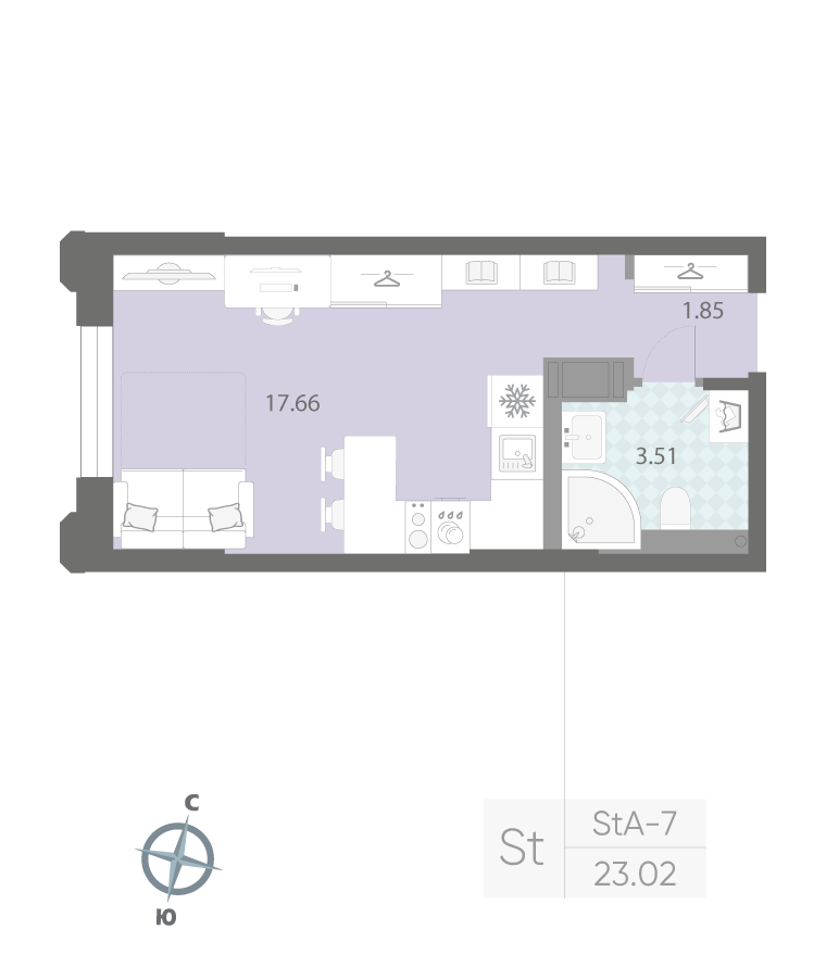 1-комнатная квартира  №201 в Цивилизация на Неве: 23.2 м², этаж 4 - купить в Санкт-Петербурге