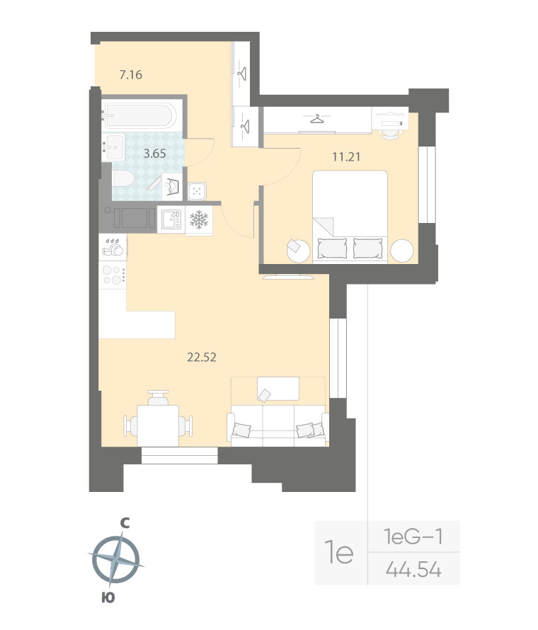 1-комнатная квартира  №26 в Притяжение: 44.54 м², этаж 4 - купить в Санкт-Петербурге