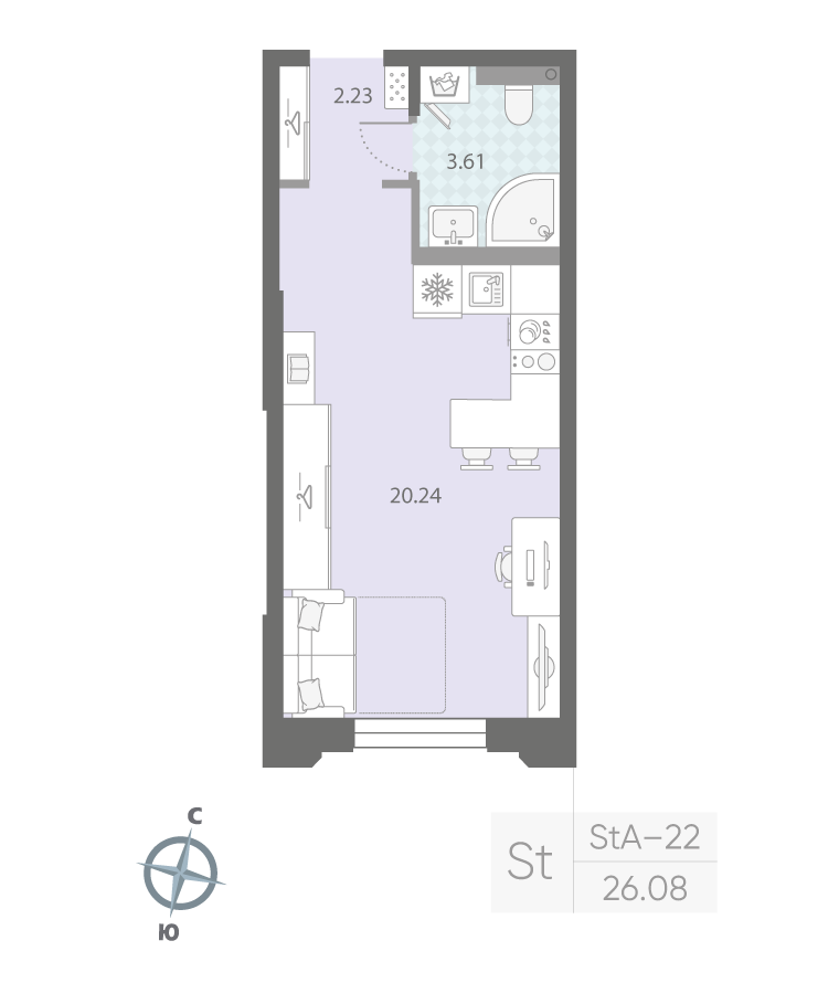1-комнатная квартира  №316 в Цивилизация на Неве: 26.8 м², этаж 2 - купить в Санкт-Петербурге