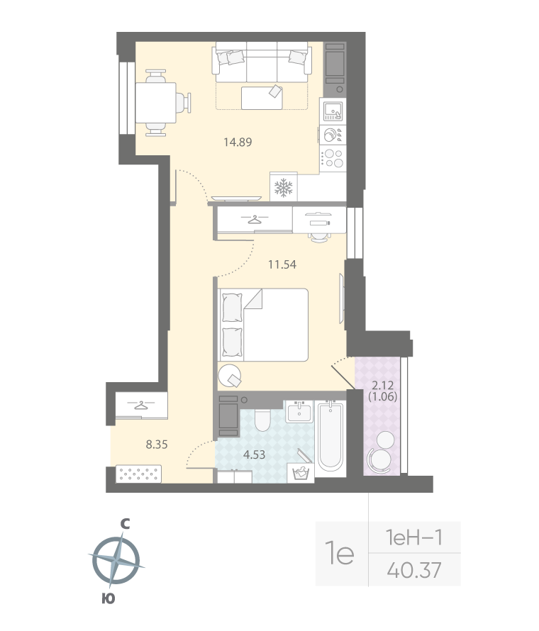 1-комнатная квартира  №289 в Grand View: 40.37 м², этаж 12 - купить в Санкт-Петербурге
