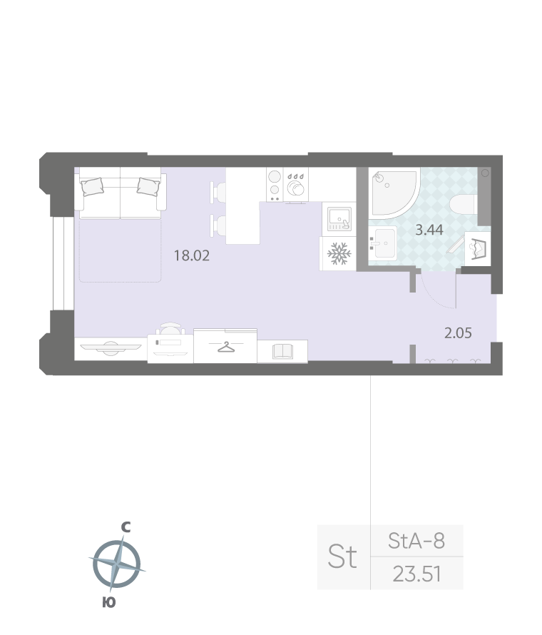 1-комнатная квартира  №170 в Цивилизация на Неве: 23.51 м², этаж 2 - купить в Санкт-Петербурге