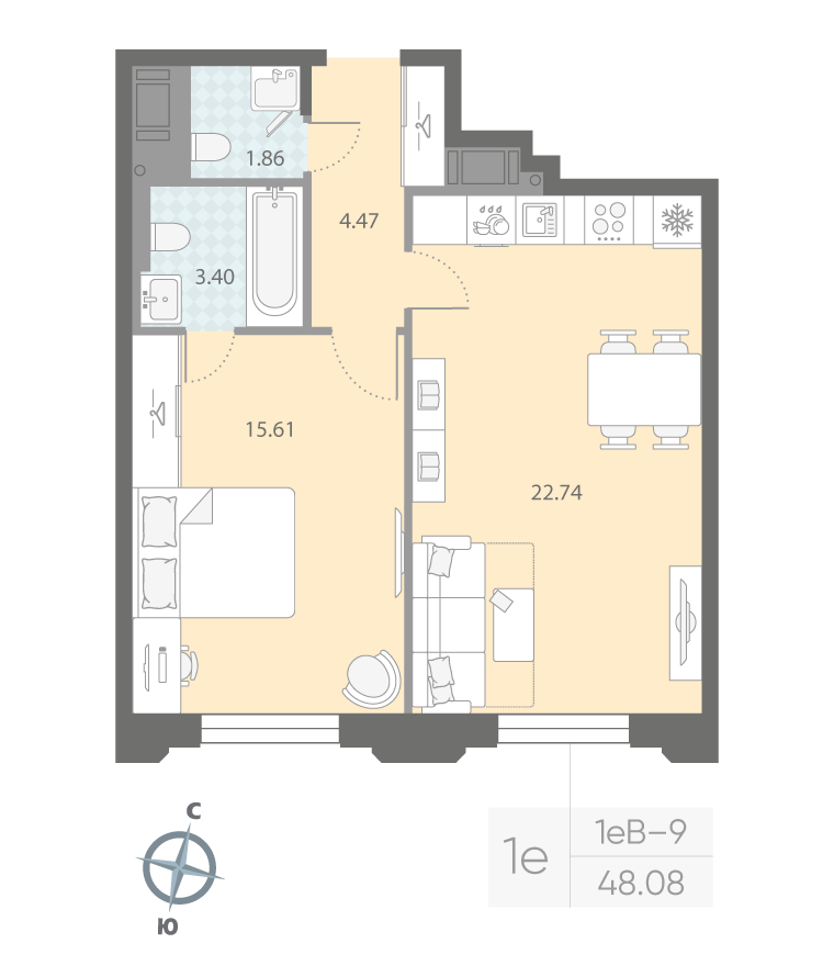 1-комнатная квартира, 48.08 м²; этаж: 4 - купить в Санкт-Петербурге