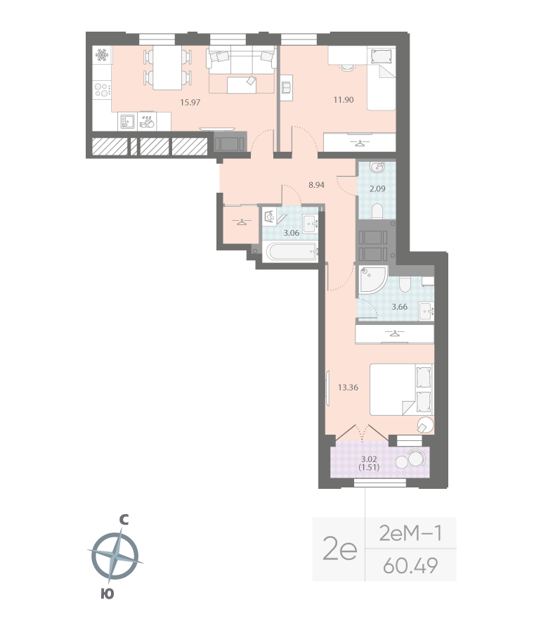 2-комнатная квартира  №409 в Цивилизация на Неве: 60.49 м², этаж 10 - купить в Санкт-Петербурге