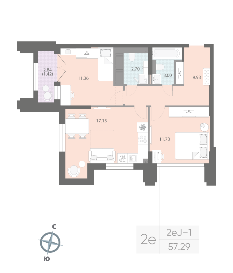2-комнатная квартира  №151 в Цивилизация на Неве: 57.29 м², этаж 22 - купить в Санкт-Петербурге
