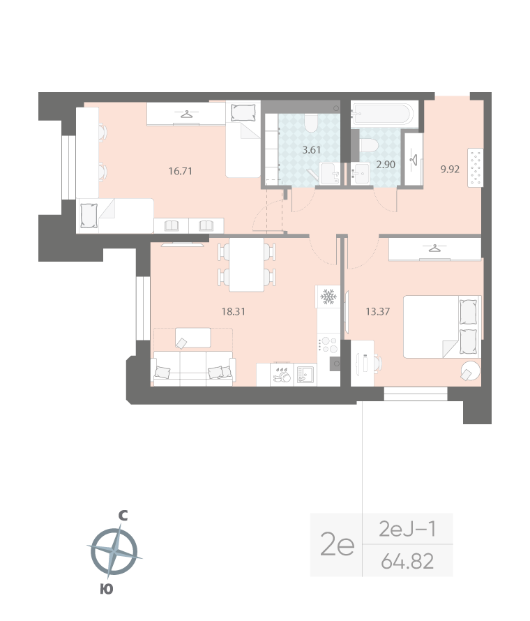 2-комнатная квартира  №3 в Цивилизация на Неве: 64.82 м², этаж 2 - купить в Санкт-Петербурге
