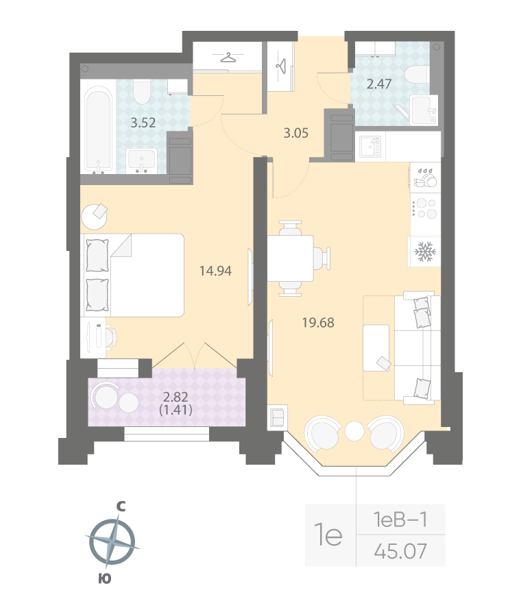 1-комнатная квартира  №40 в Grand View: 45.07 м², этаж 6 - купить в Санкт-Петербурге