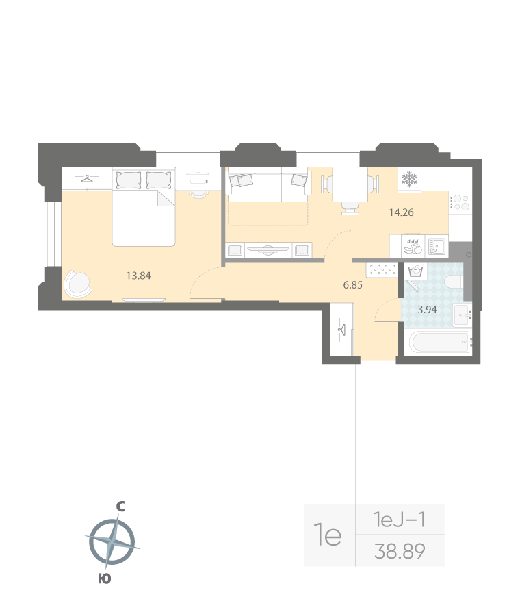 1-комнатная квартира  №167 в Цивилизация на Неве: 38.89 м², этаж 2 - купить в Санкт-Петербурге