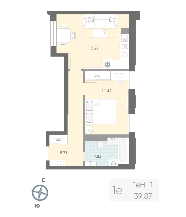1-комнатная квартира  №166 в Притяжение: 39.87 м², этаж 2 - купить в Санкт-Петербурге