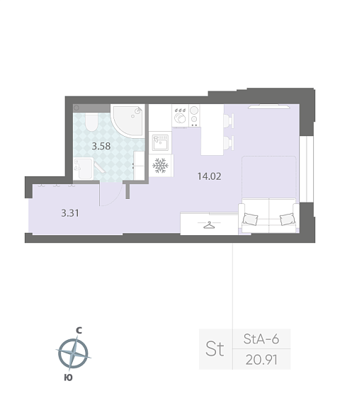 1-комнатная квартира №42 в: ЦИВИЛИЗАЦИЯ НА НЕВЕ: 20.91 м²; этаж: 2 - купить в Санкт-Петербурге