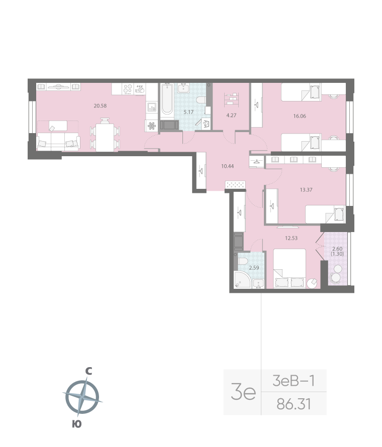 3-комнатная квартира  №421 в Цивилизация на Неве: 86.31 м², этаж 12 - купить в Санкт-Петербурге