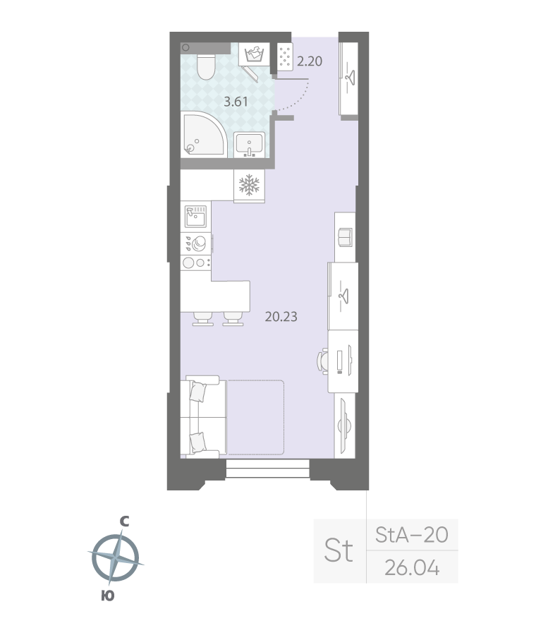 1-комнатная квартира  №314 в Цивилизация на Неве: 26.4 м², этаж 2 - купить в Санкт-Петербурге