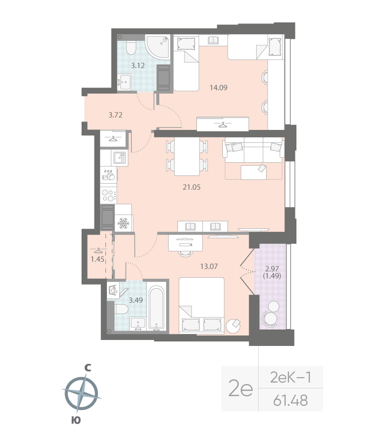 2-комнатная квартира  №238 в Цивилизация на Неве: 61.48 м², этаж 7 - купить в Санкт-Петербурге