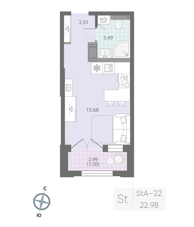 1-комнатная квартира №42 в: ЦИВИЛИЗАЦИЯ НА НЕВЕ: 22.98 м²; этаж: 8 - купить в Санкт-Петербурге