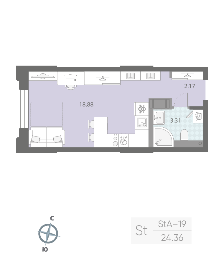1-комнатная квартира  №323 в Цивилизация на Неве: 24.36 м², этаж 3 - купить в Санкт-Петербурге