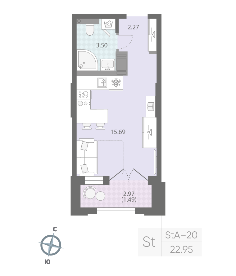 1-комнатная квартира  №427 в Цивилизация на Неве: 22.95 м², этаж 12 - купить в Санкт-Петербурге