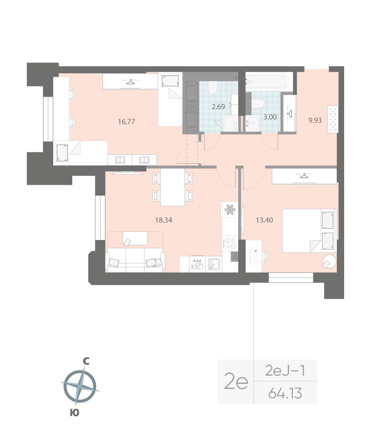 2-комнатная квартира  №21 в Цивилизация на Неве: 64.13 м², этаж 4 - купить в Санкт-Петербурге