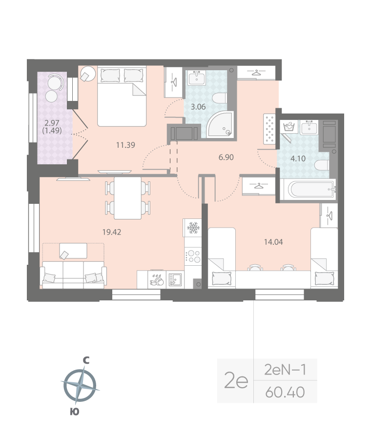 2-комнатная квартира  №436 в Цивилизация на Неве: 60.4 м², этаж 13 - купить в Санкт-Петербурге