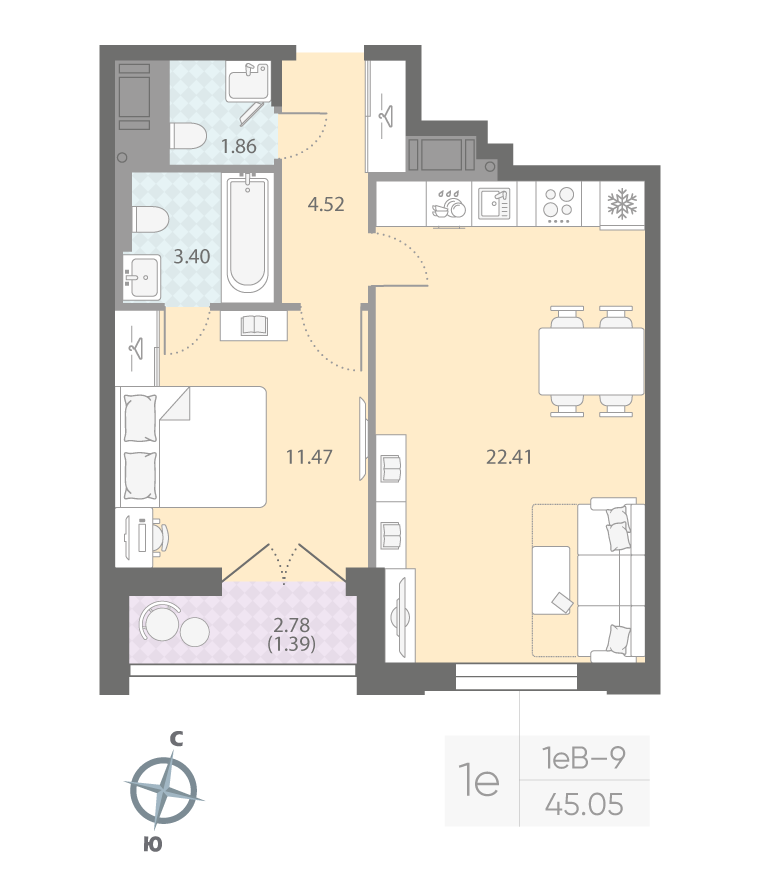 1-комнатная квартира, 45.05 м²; этаж: 12 - купить в Санкт-Петербурге