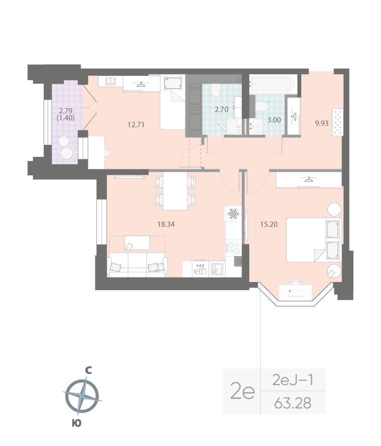 2-комнатная квартира  №39 в Цивилизация на Неве: 63.28 м², этаж 6 - купить в Санкт-Петербурге