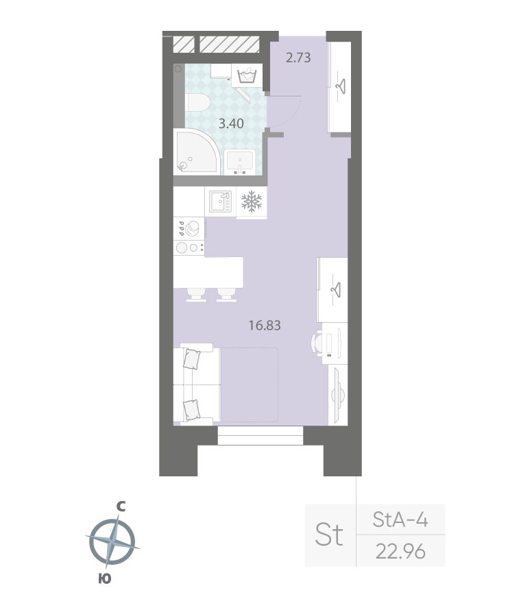 1-комнатная квартира  №6 в Цивилизация на Неве: 22.96 м², этаж 2 - купить в Санкт-Петербурге