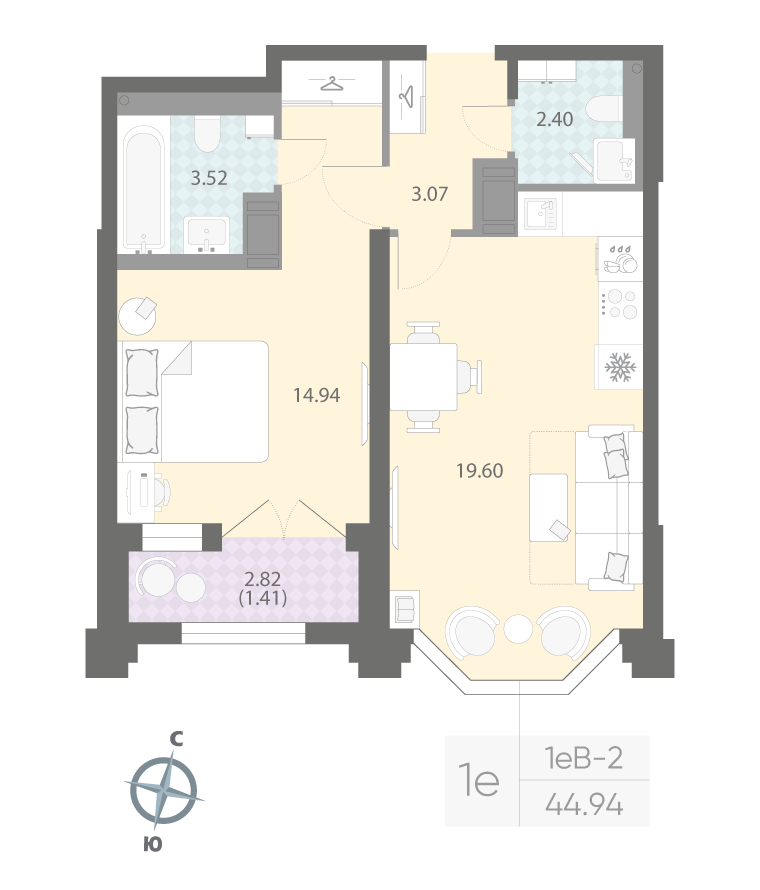 1-комнатная квартира  №41 в Grand View: 44.94 м², этаж 6 - купить в Санкт-Петербурге