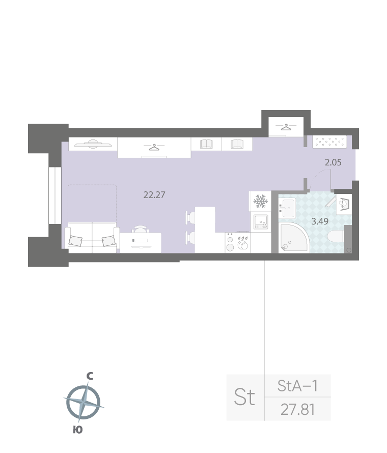 1-комнатная квартира  №2 в Цивилизация на Неве: 27.81 м², этаж 2 - купить в Санкт-Петербурге