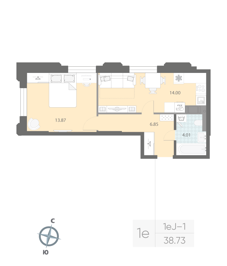 1-комнатная квартира  №199 в Притяжение: 38.73 м², этаж 4 - купить в Санкт-Петербурге