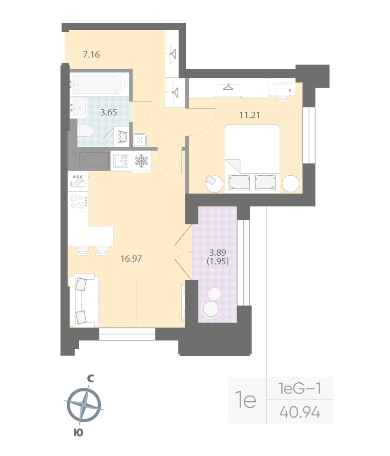 1-комнатная квартира  №49 в Притяжение: 40.94 м², этаж 7 - купить в Санкт-Петербурге