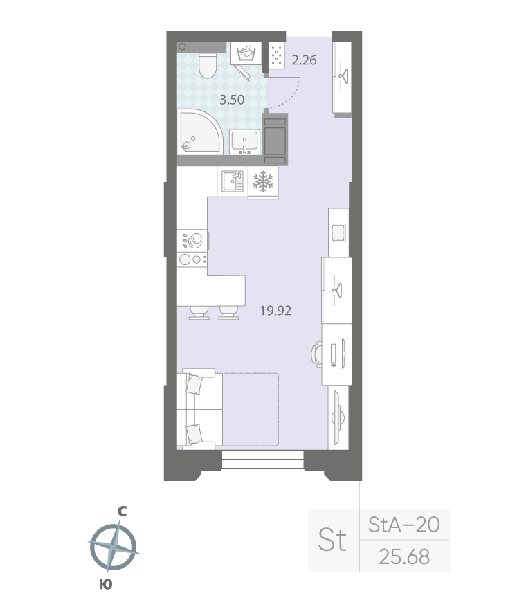 1-комнатная квартира  №338 в Цивилизация на Неве: 25.68 м², этаж 4 - купить в Санкт-Петербурге