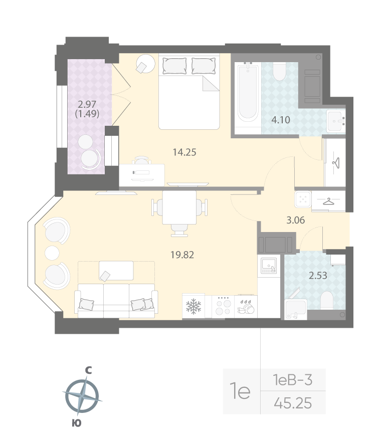 1-комнатная квартира, 45.25 м²; этаж: 10 - купить в Санкт-Петербурге