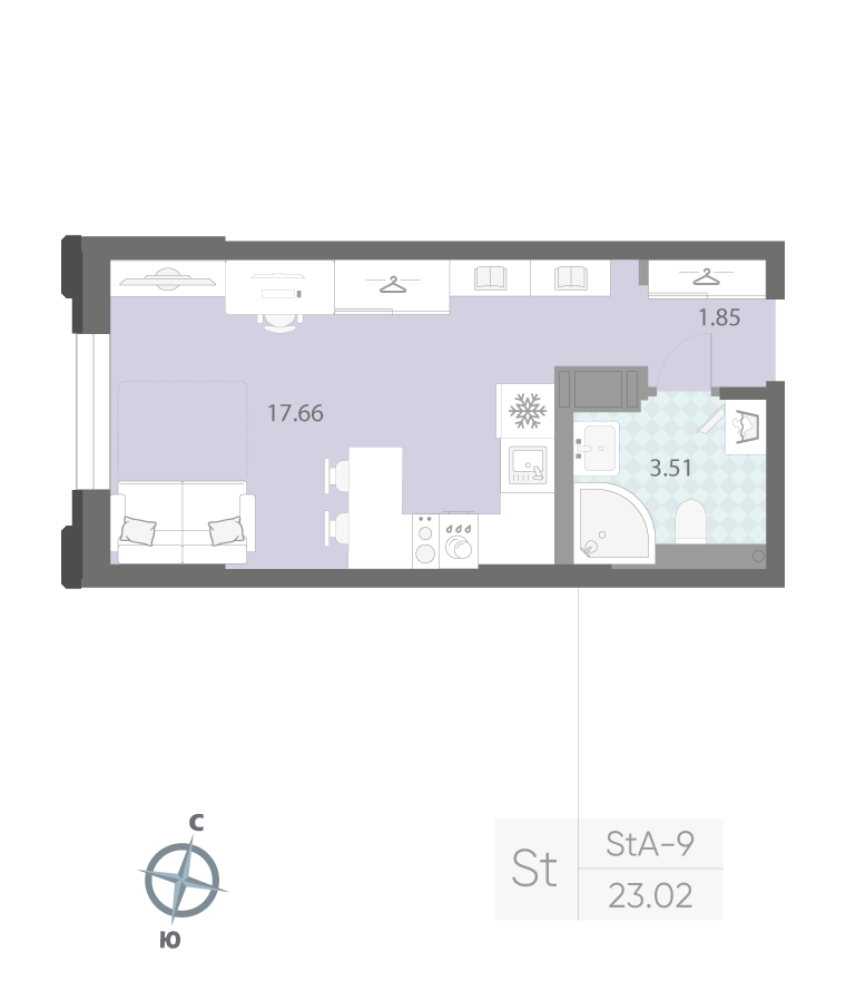 1-комнатная квартира  №187 в Цивилизация на Неве: 23.2 м², этаж 3 - купить в Санкт-Петербурге