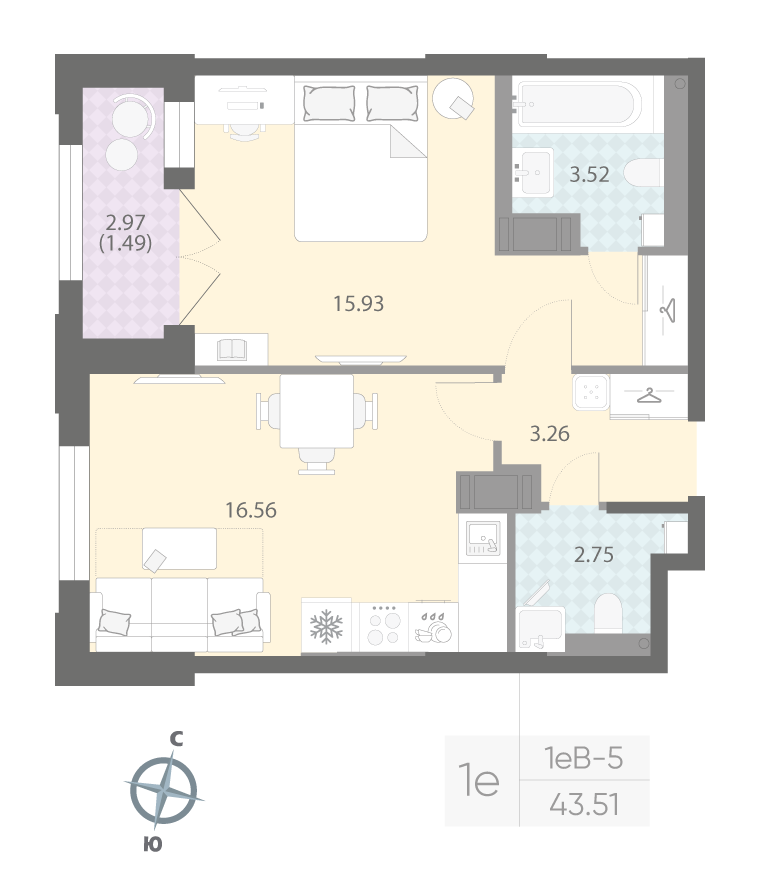 1-комнатная квартира, 43.51 м²; этаж: 6 - купить в Санкт-Петербурге