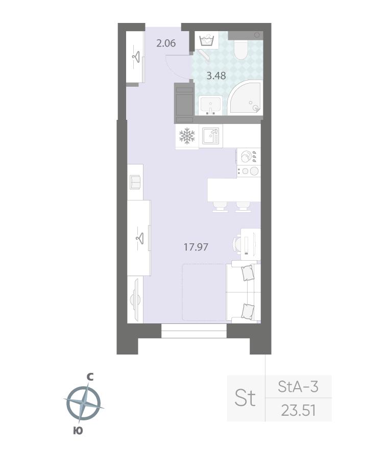 1-комнатная квартира  №14 в Цивилизация на Неве: 23.51 м², этаж 3 - купить в Санкт-Петербурге