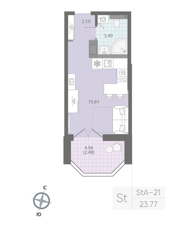 1-комнатная квартира  №362 в Grand View: 23.77 м², этаж 6 - купить в Санкт-Петербурге