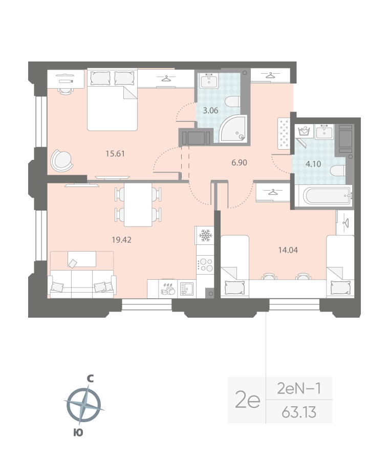 2-комнатная квартира  №336 в Цивилизация на Неве: 63.13 м², этаж 4 - купить в Санкт-Петербурге