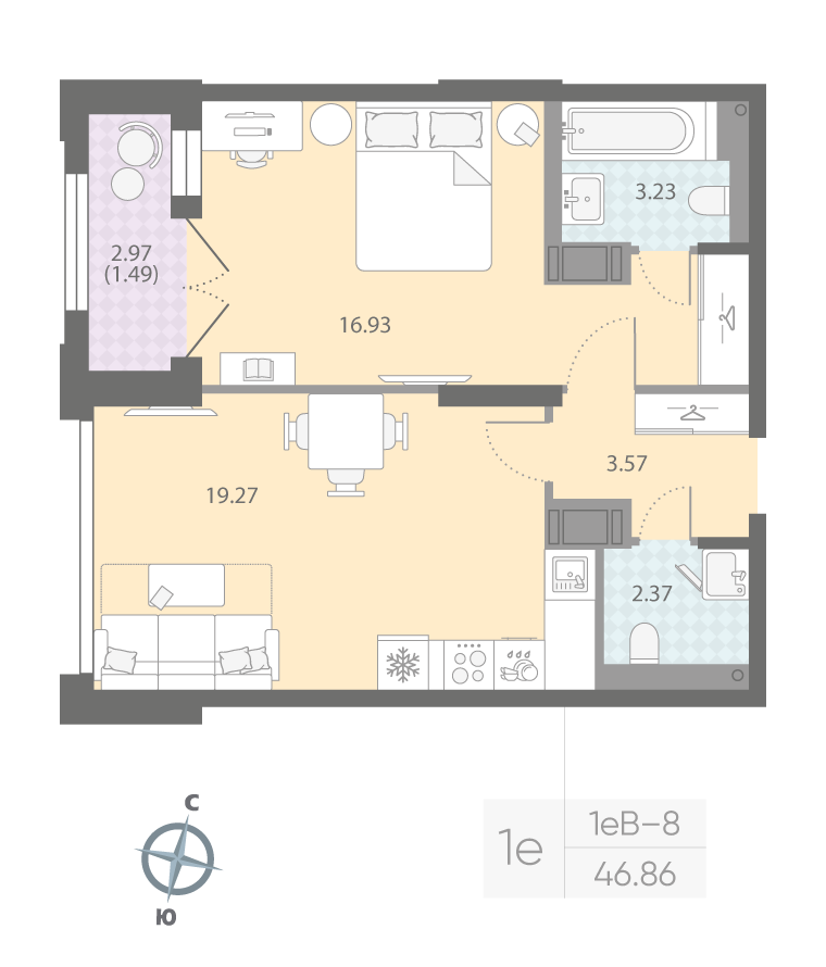 1-комнатная квартира, 46.86 м²; этаж: 12 - купить в Санкт-Петербурге