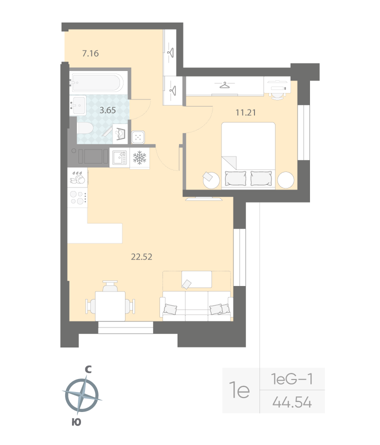 1-комнатная квартира  №17 в Притяжение: 44.54 м², этаж 3 - купить в Санкт-Петербурге
