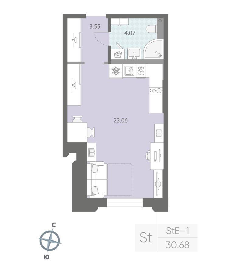 1-комнатная квартира  №313 в Цивилизация на Неве: 30.68 м², этаж 2 - купить в Санкт-Петербурге